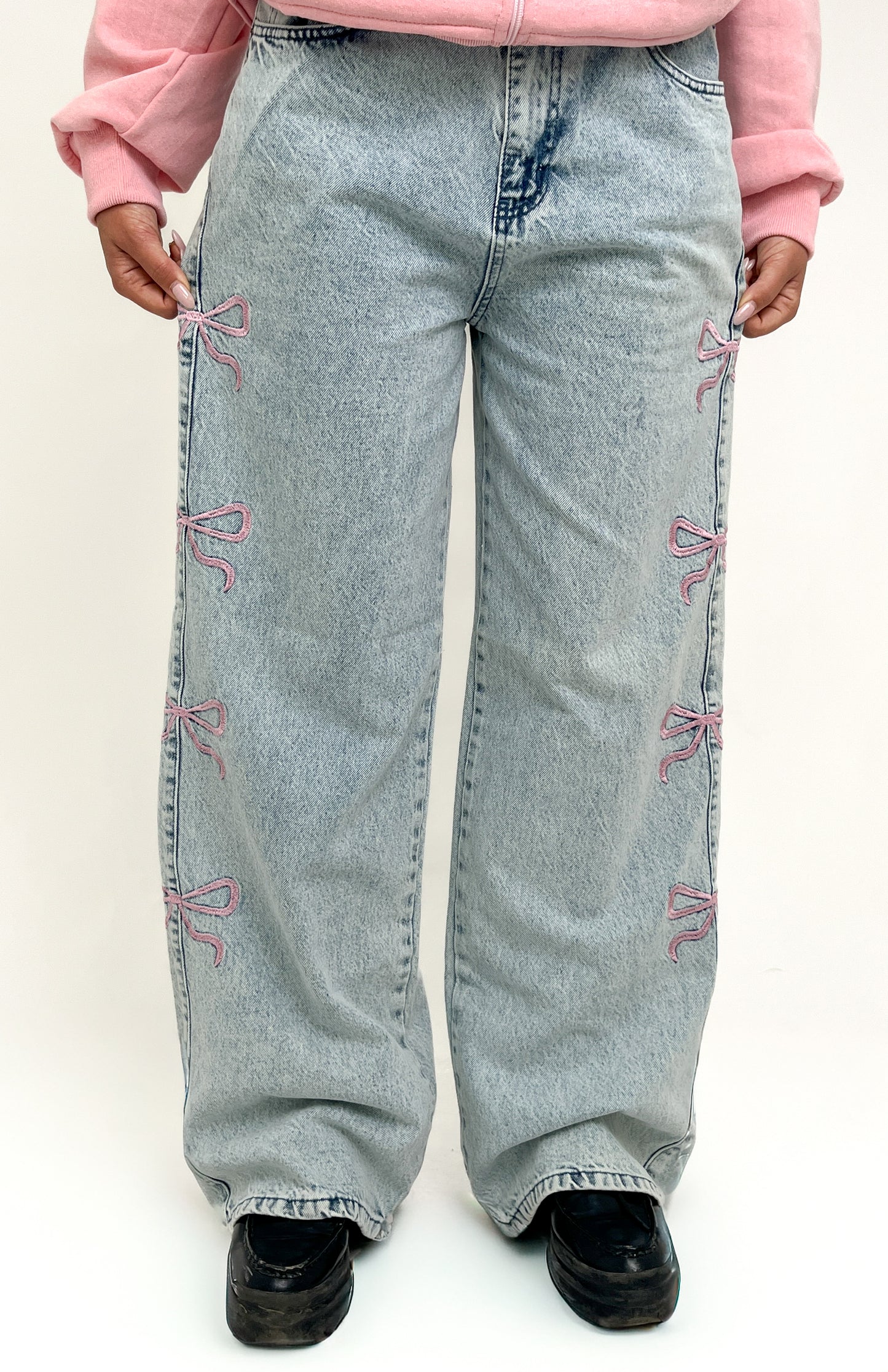 Women Straight-Leg Denim Baggy Pants With Side Bow