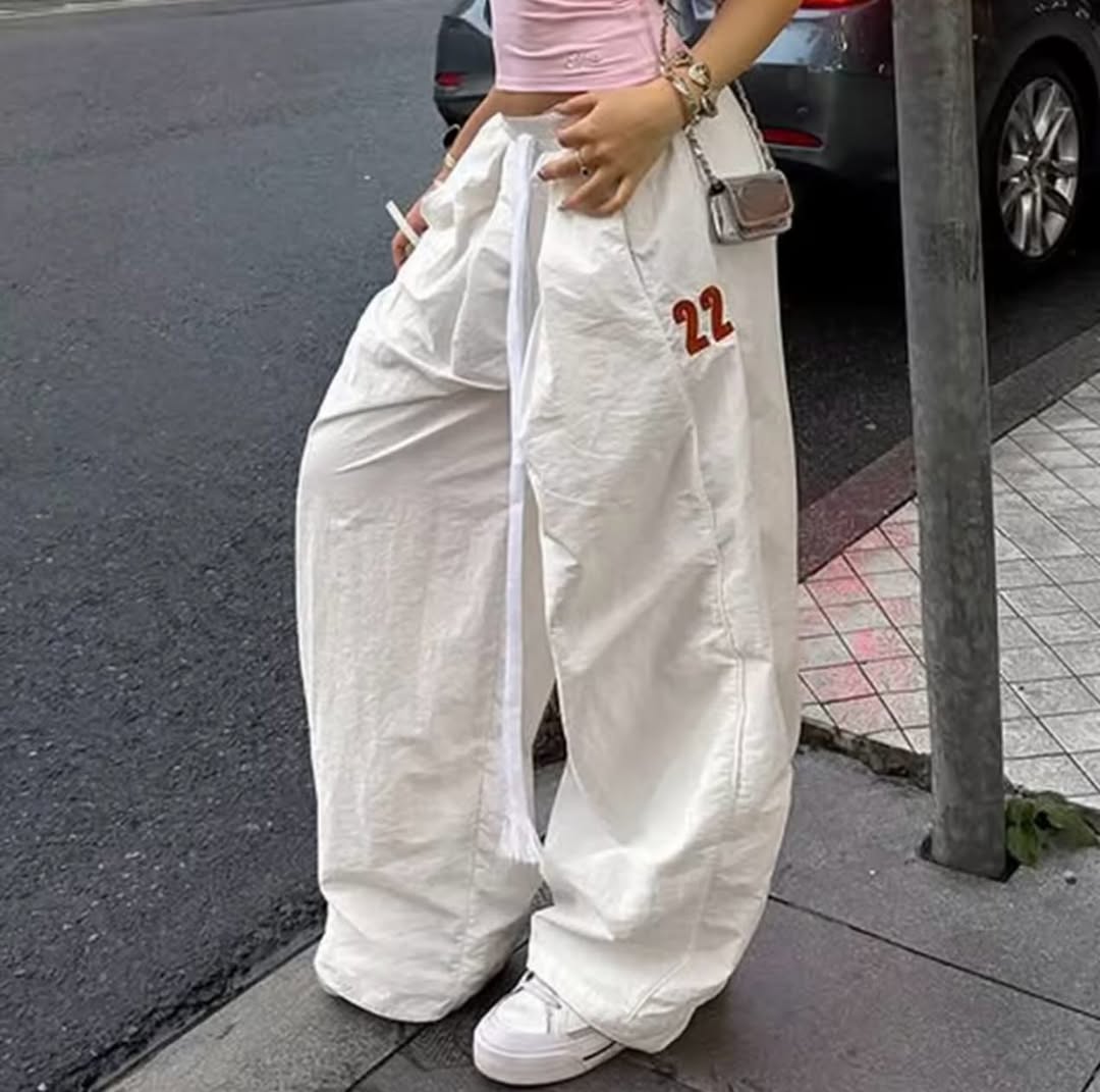 White Loose Wide-Leg Drawstring Parachute Pants
