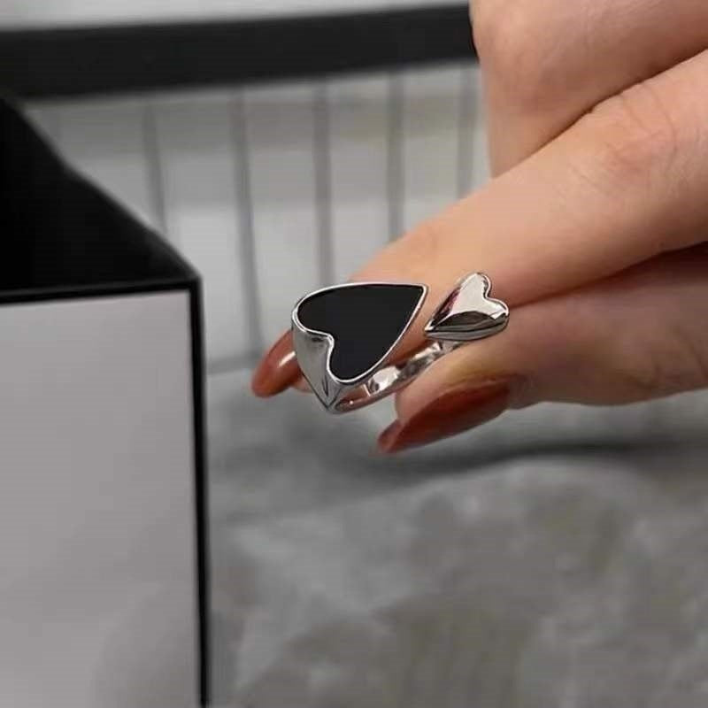 Black Enamel Heart Open Adjustable Ring