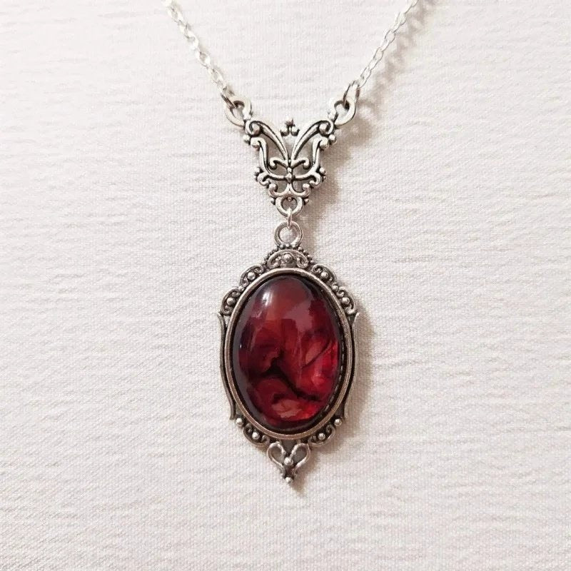 Vintage Silver Red Oval Gem Necklace