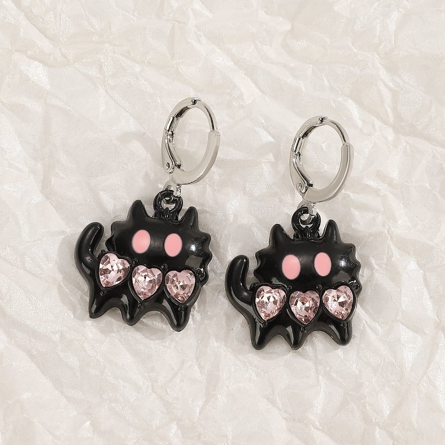 Kawaii Black Kitty Pink Heart Drop Earrings