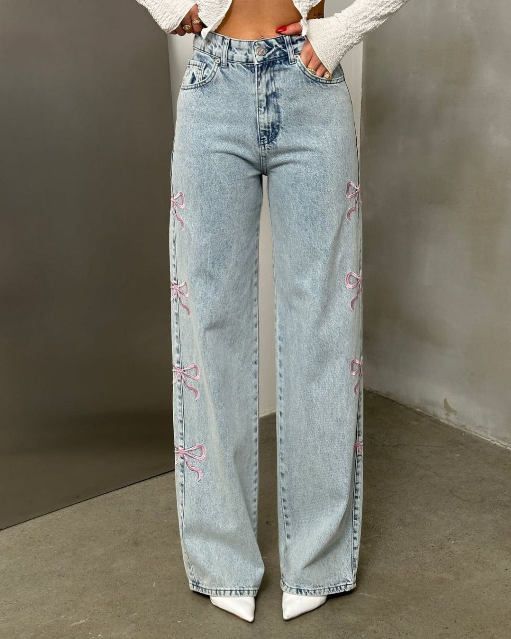 Women Straight-Leg Denim Baggy Pants With Side Bow