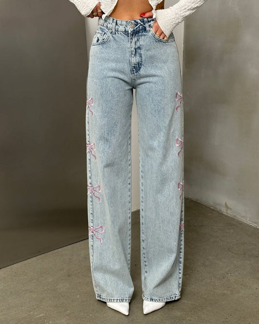 Women Straight-Leg Denim Baggy Pants With Side Bow