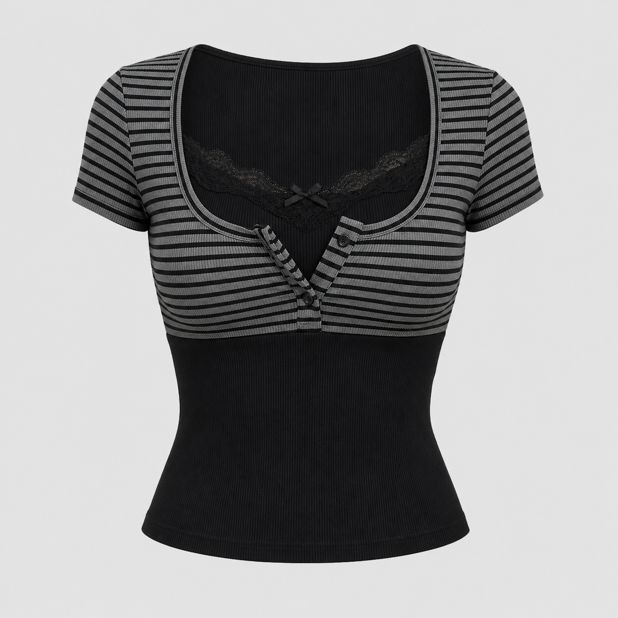 Black Grey Striped Button Detail Lace Short Sleeve Crop
