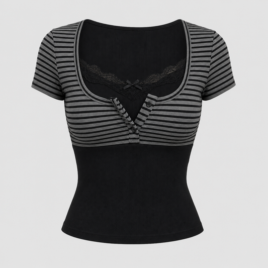 Black Grey Striped Button Detail Lace Short Sleeve Crop