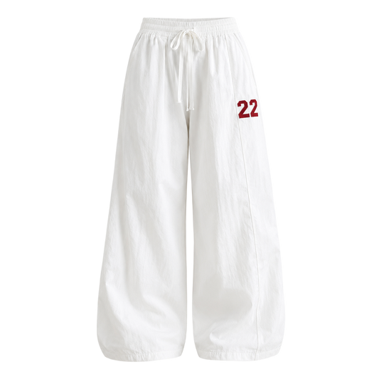 White Loose Wide-Leg Drawstring Parachute Pants