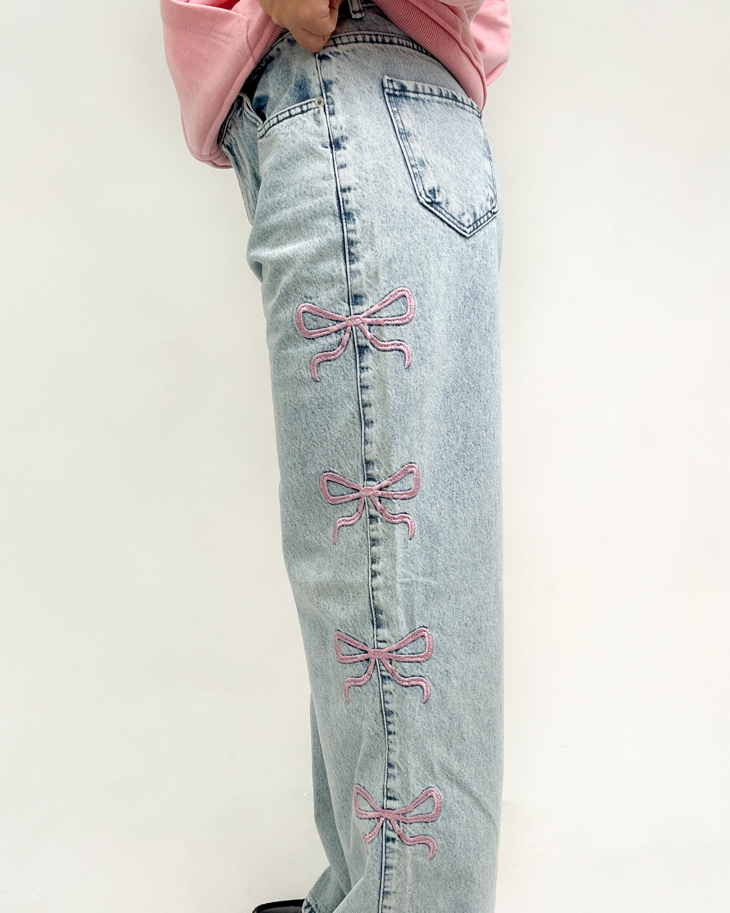 Women Straight-Leg Denim Baggy Pants With Side Bow