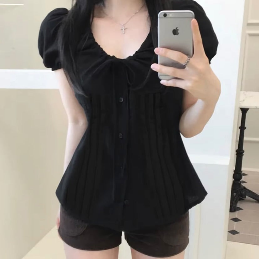 Spliced Lace-Up Korean Style Shirt
