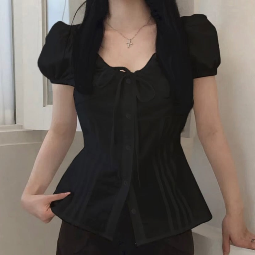 Spliced Lace-Up Korean Style Shirt