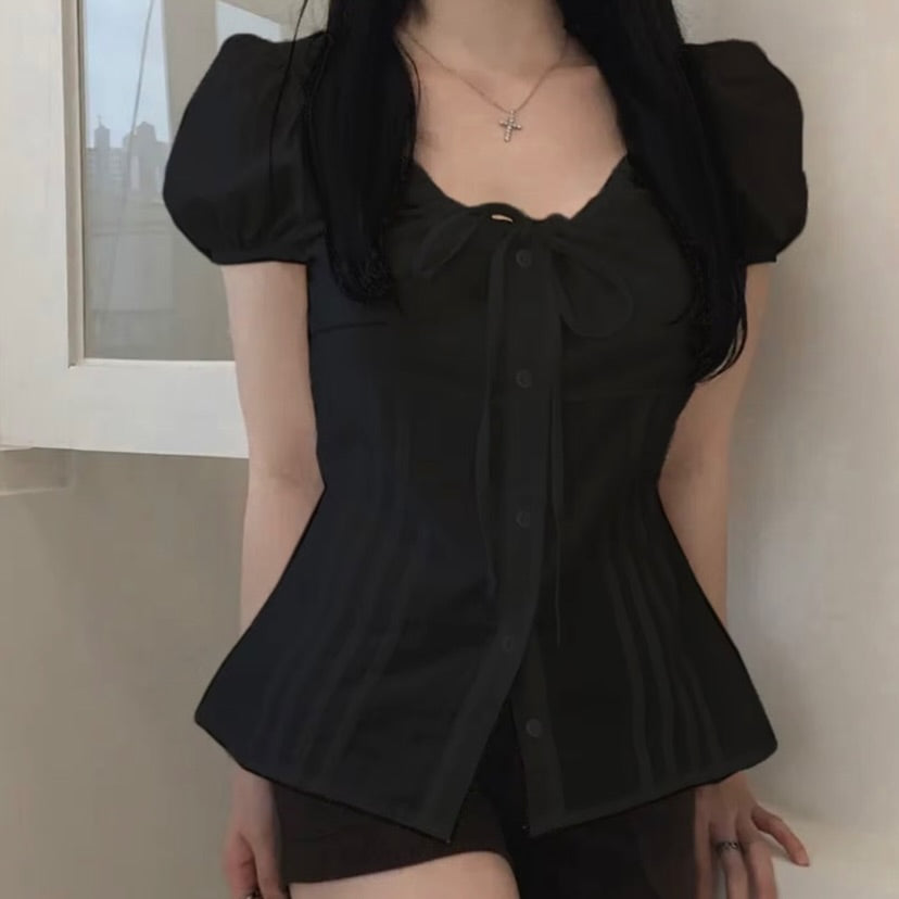 Spliced Lace-Up Korean Style Shirt