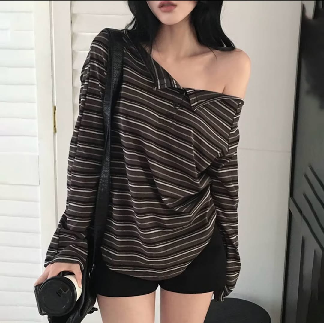 Long Sleeve Cold-Shoulder Striped Loose-Fit T-Shirt