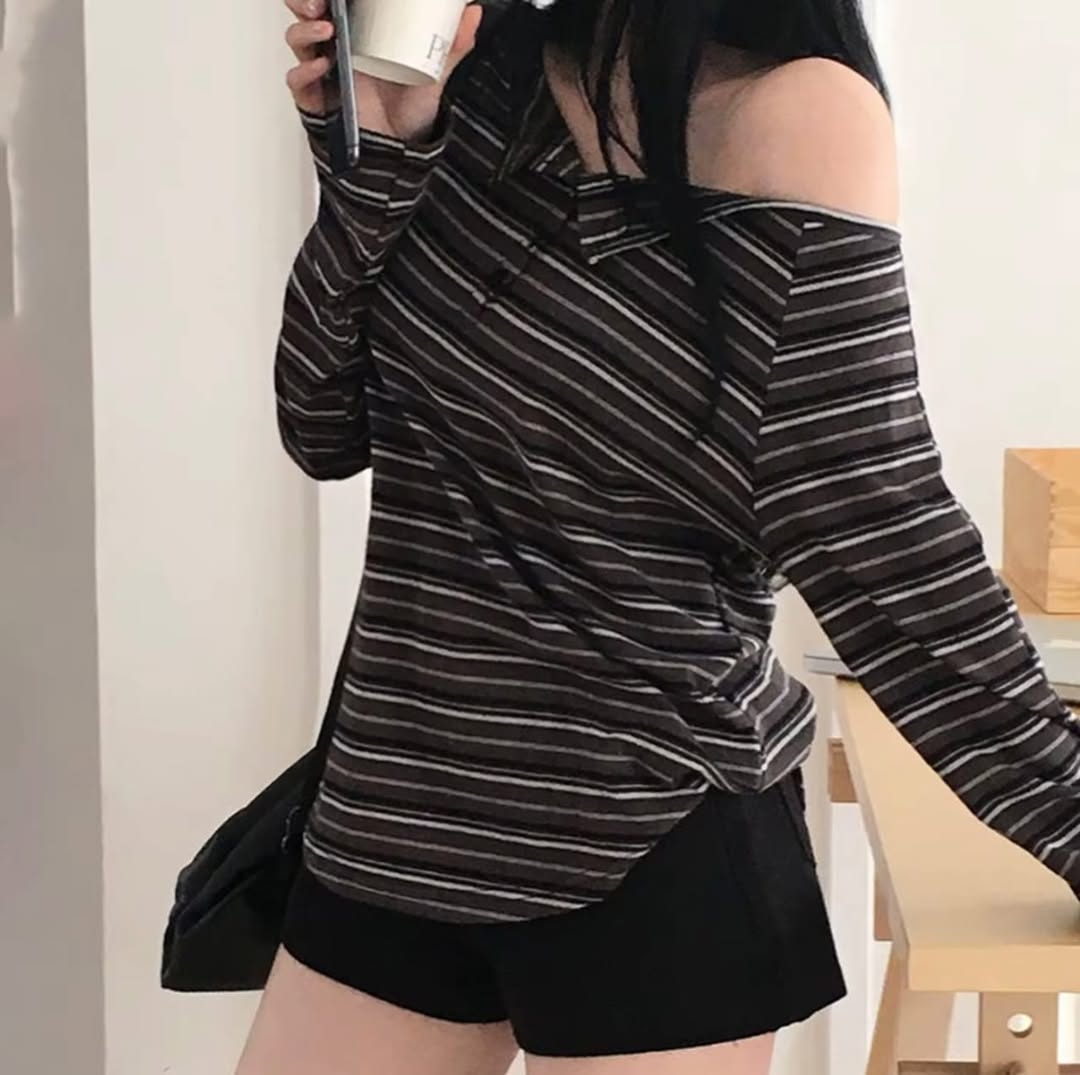 Long Sleeve Cold-Shoulder Striped Loose-Fit T-Shirt