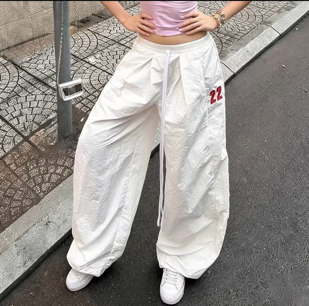 White Loose Wide-Leg Drawstring Parachute Pants