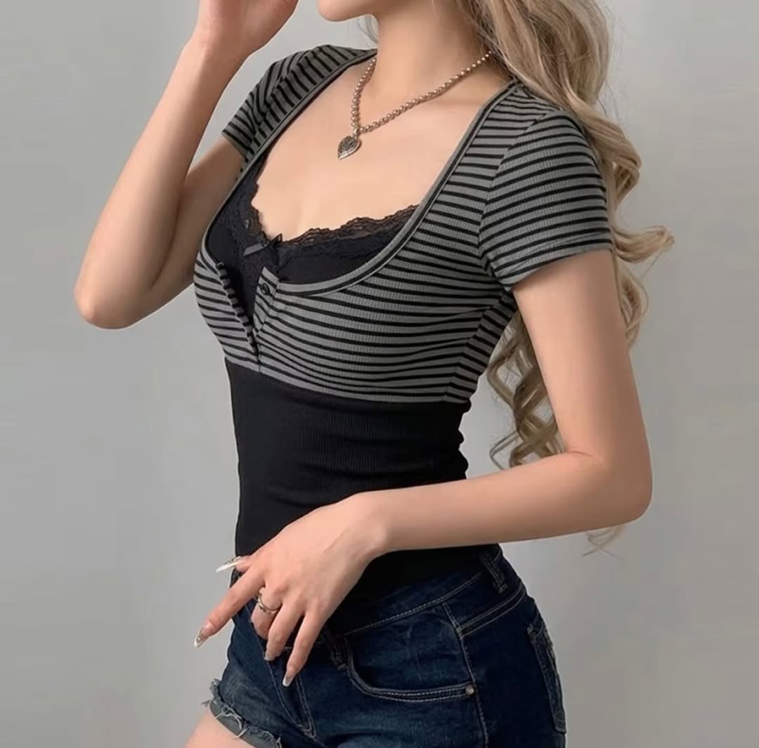 Black Grey Striped Button Detail Lace Short Sleeve Crop