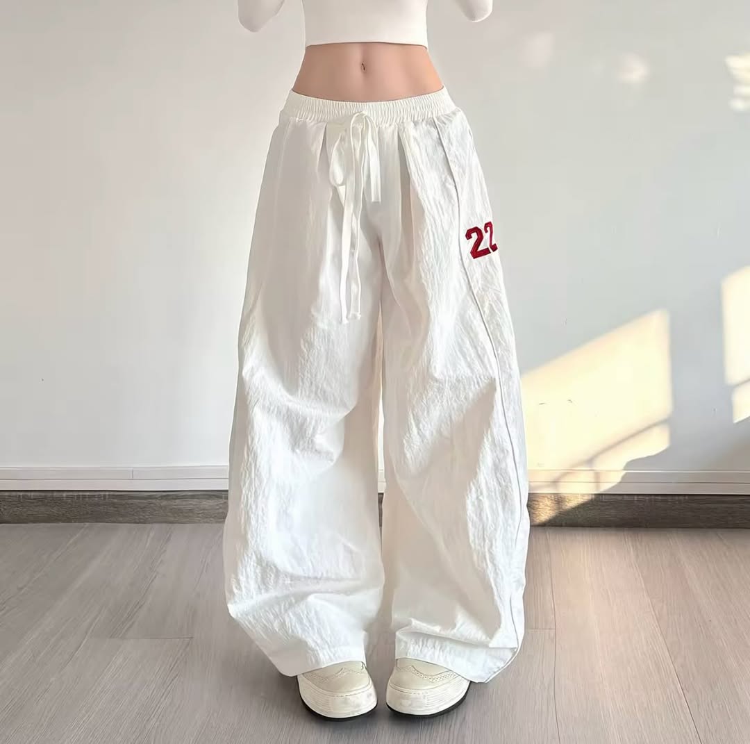White Loose Wide-Leg Drawstring Parachute Pants