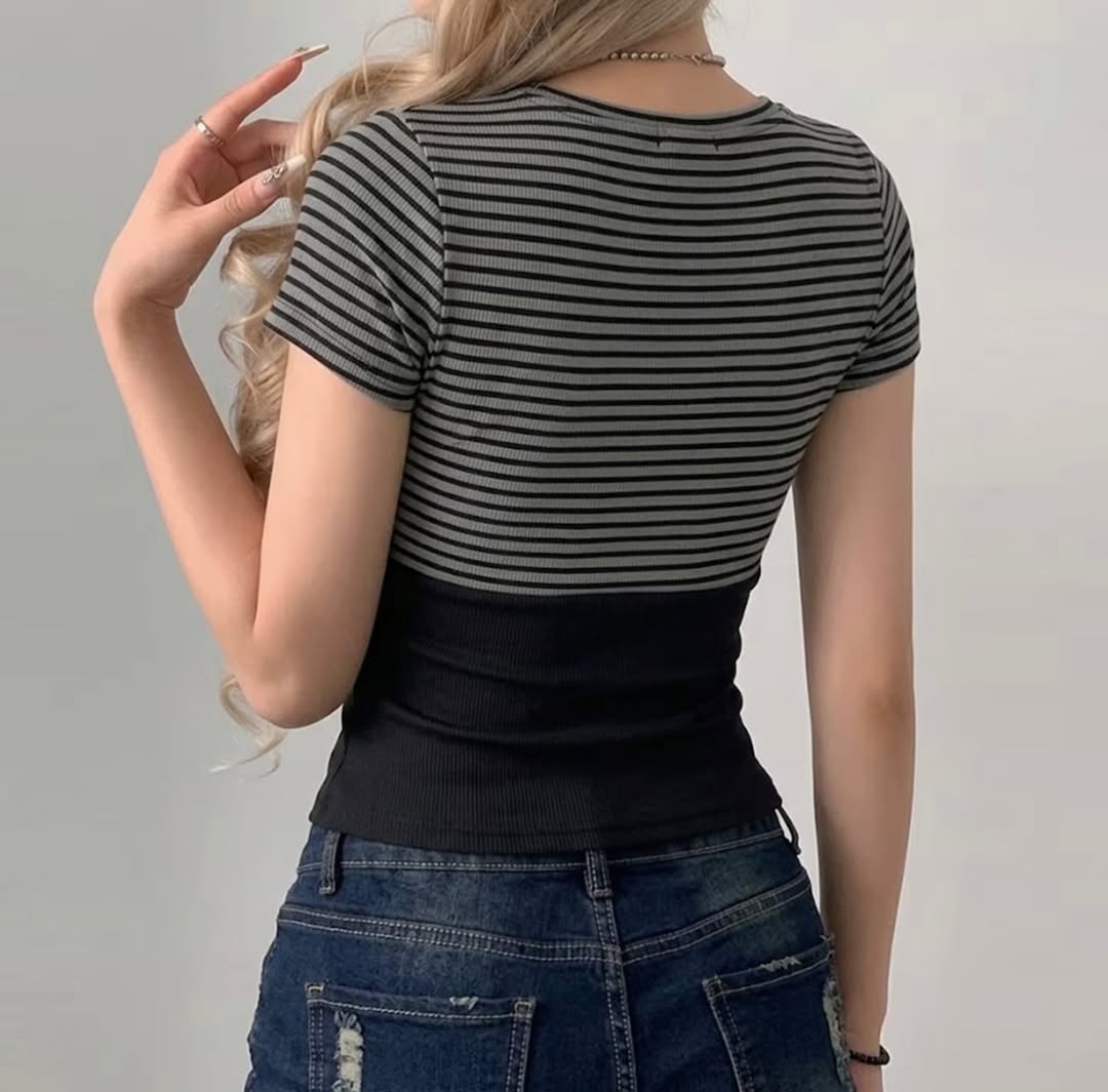 Black Grey Striped Button Detail Lace Short Sleeve Crop