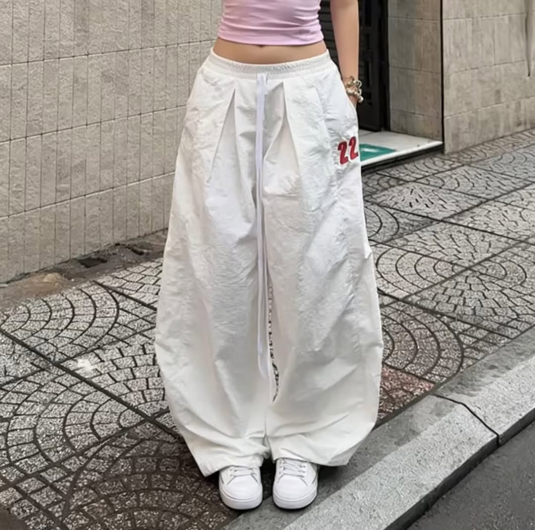 White Loose Wide-Leg Drawstring Parachute Pants