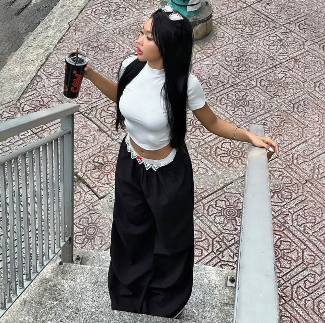 High Rise Lace Trim Wide Leg Cargo Pants