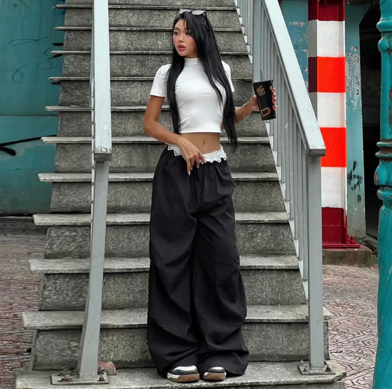 High Rise Lace Trim Wide Leg Cargo Pants