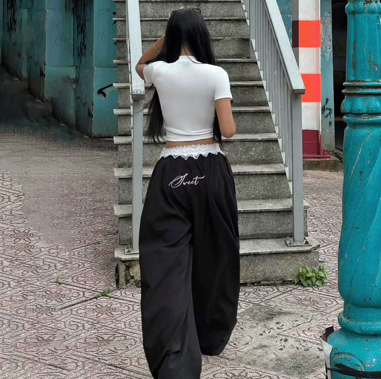 High Rise Lace Trim Wide Leg Cargo Pants