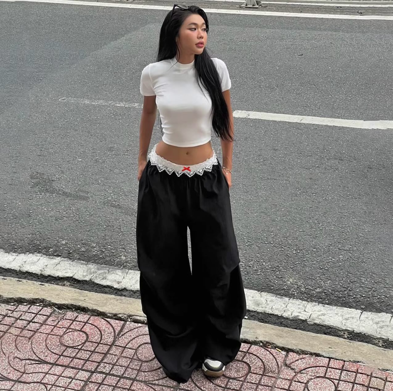 High Rise Lace Trim Wide Leg Cargo Pants
