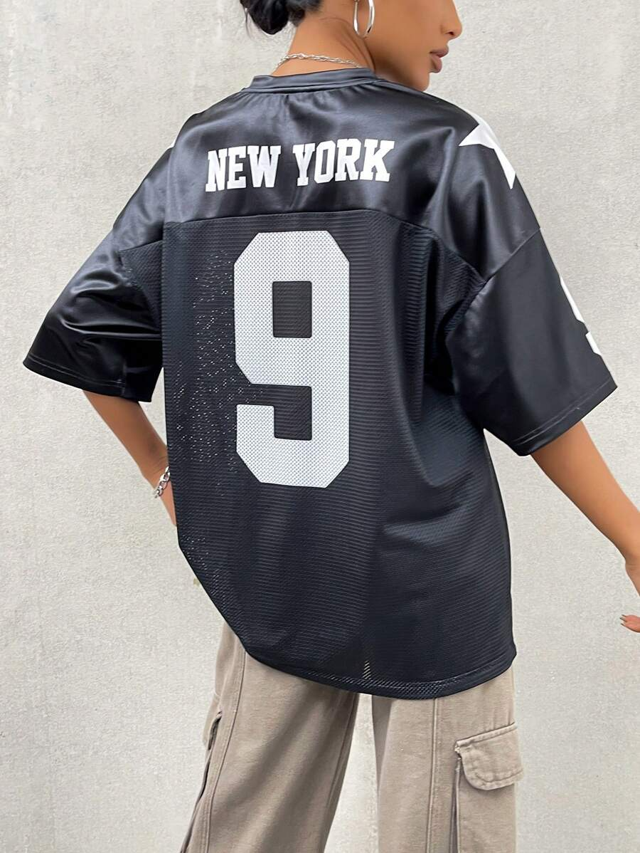 Street Racing Satin Letter Star Print Oversized Boyfriend Style Basketball Jersey T-Shirt