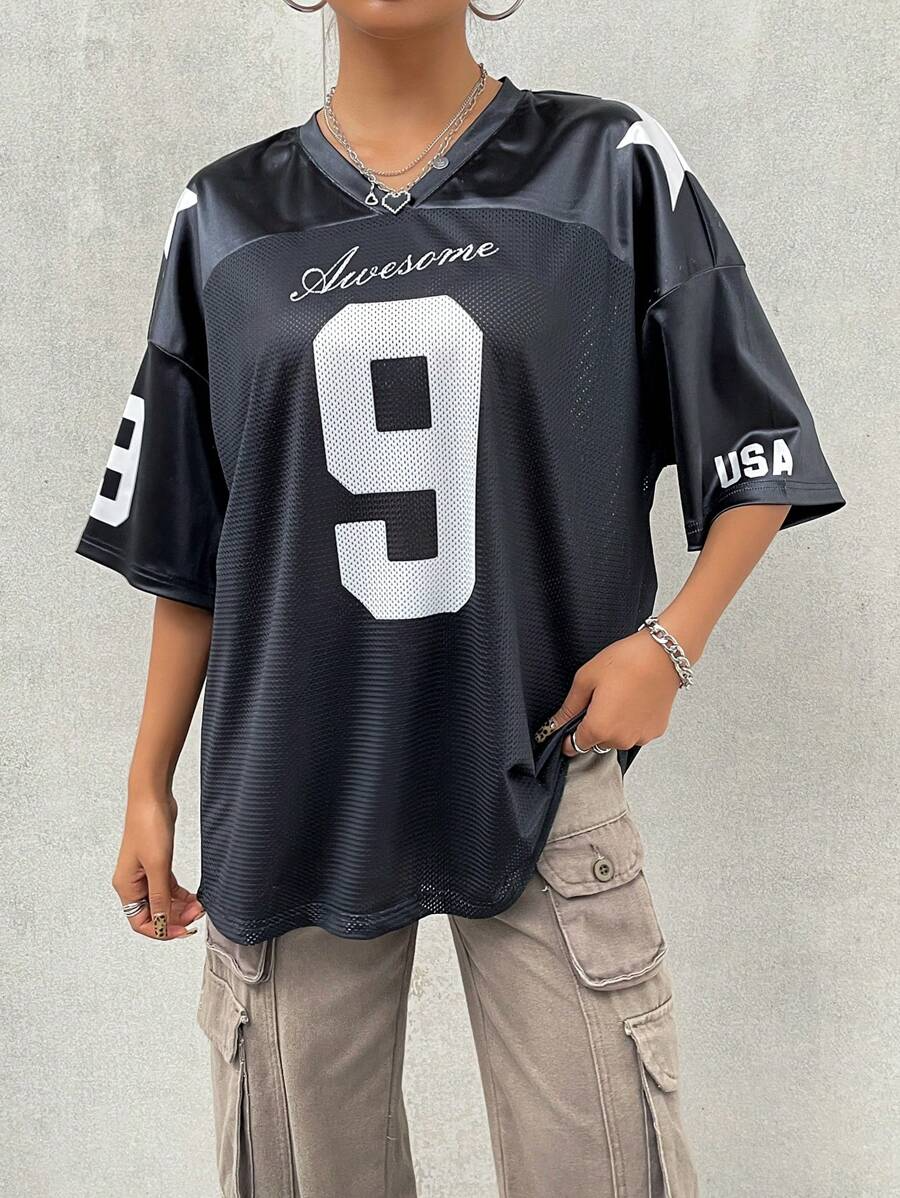 Street Racing Satin Letter Star Print Oversized Boyfriend Style Basketball Jersey T-Shirt