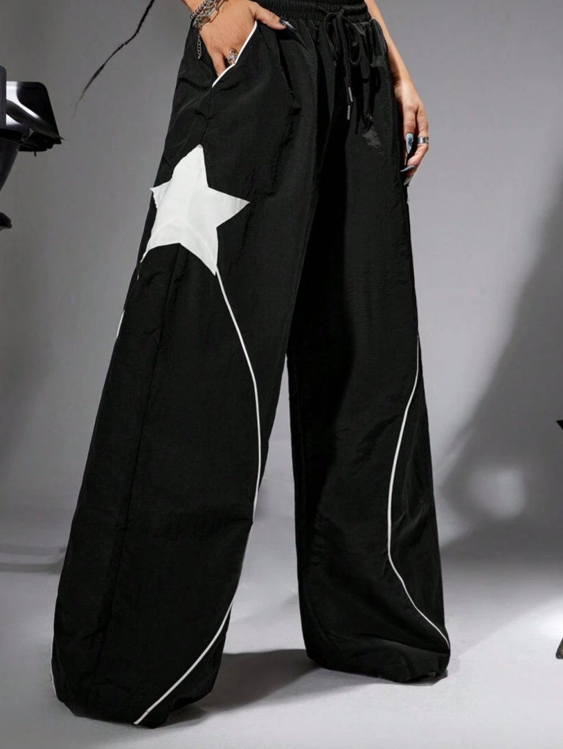 Pantalon cargo long ample d'été Y2K à imprimé étoiles et patchwork colorblock