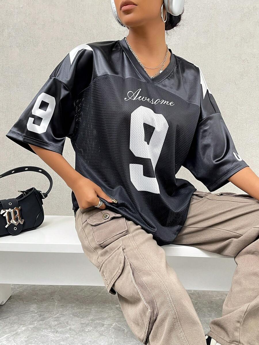 Street Racing Satin Letter Star Print Oversized Boyfriend Style Basketball Jersey T-Shirt