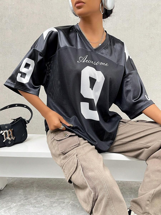Street Racing Satin Letter Star Print Oversized Boyfriend Style Basketball Jersey T-Shirt
