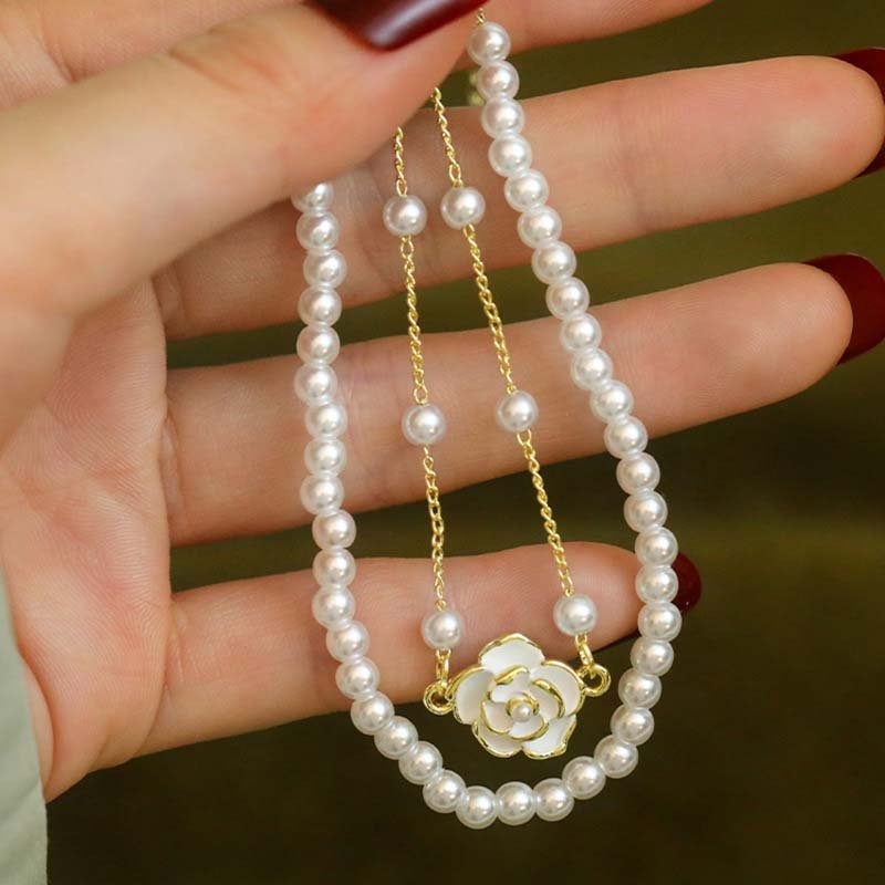 White Pearl Camellia Flower Pearl Bracelet Set