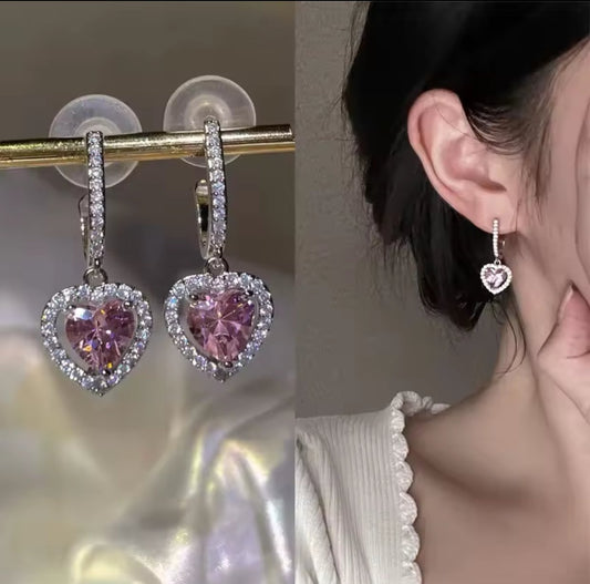 Pink Heart Halo Drop Earrings