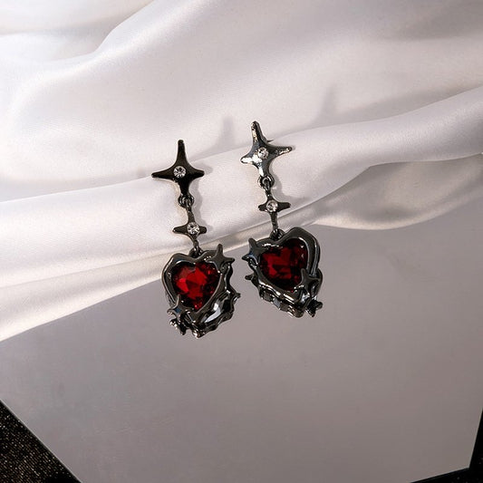 Gothic Red Heart Star Dangle Earrings