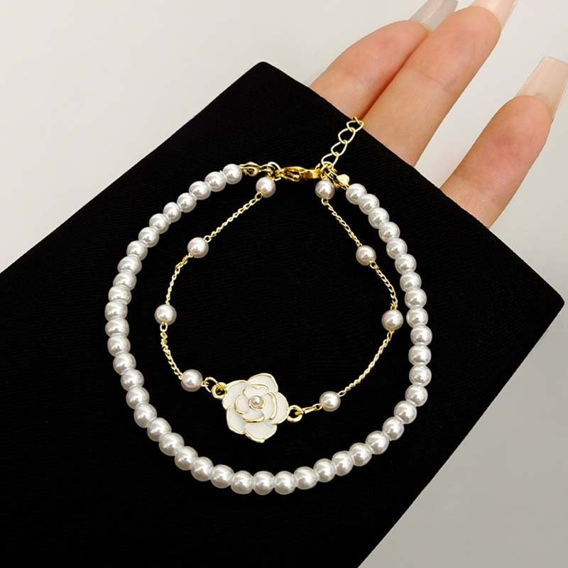 White Pearl Camellia Flower Pearl Bracelet Set