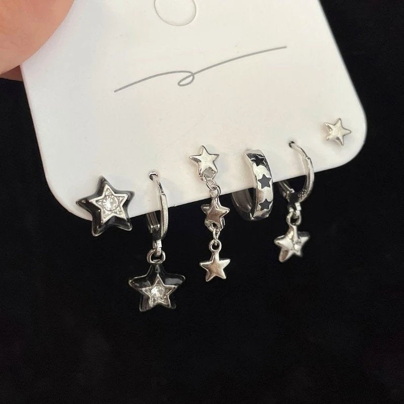 Silver Star Charm Earrings Set Y2K