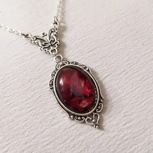 Vintage Silver Red Oval Gem Necklace