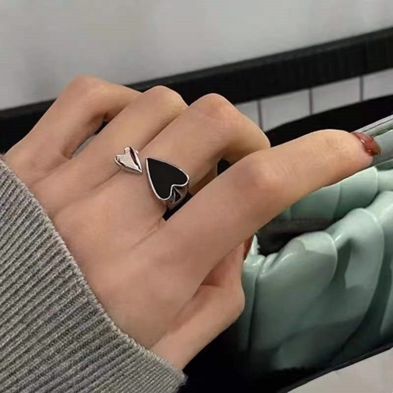Black Enamel Heart Open Adjustable Ring