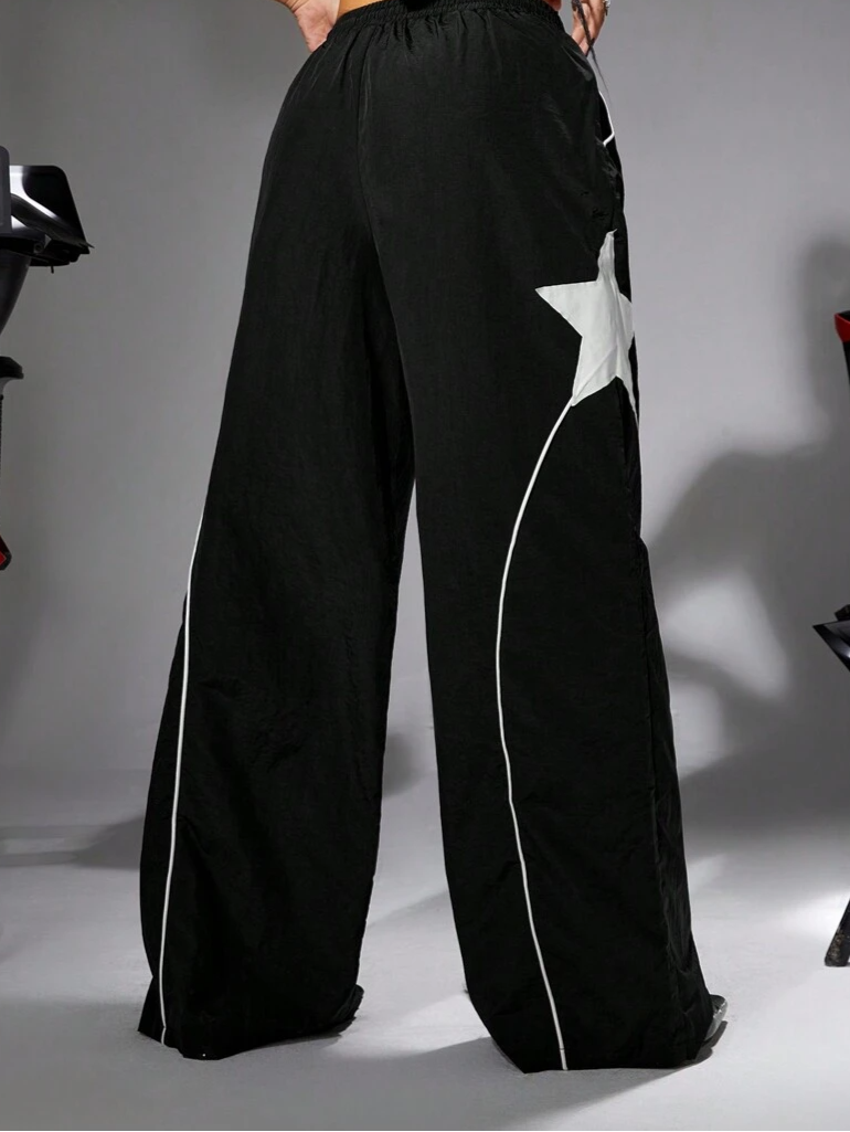 Pantalon cargo long ample d'été Y2K à imprimé étoiles et patchwork colorblock