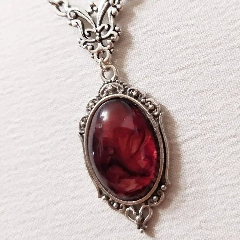 Vintage Silver Red Oval Gem Necklace