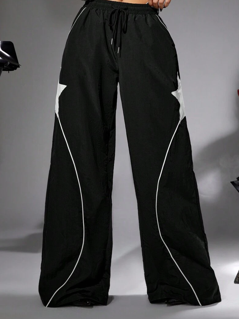 Pantalon cargo long ample d'été Y2K à imprimé étoiles et patchwork colorblock