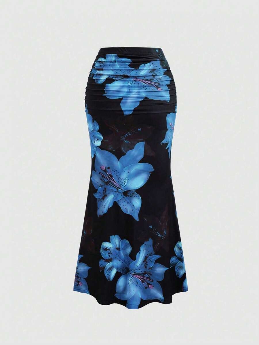 Floral Print Elastic Waist Pleated Mermaid Skirt Maxi