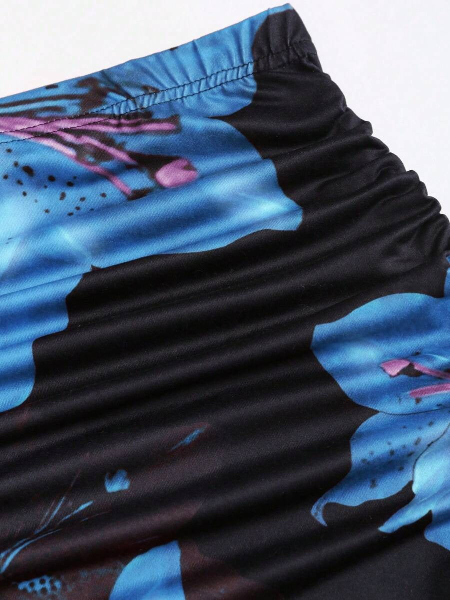 Floral Print Elastic Waist Pleated Mermaid Skirt Maxi
