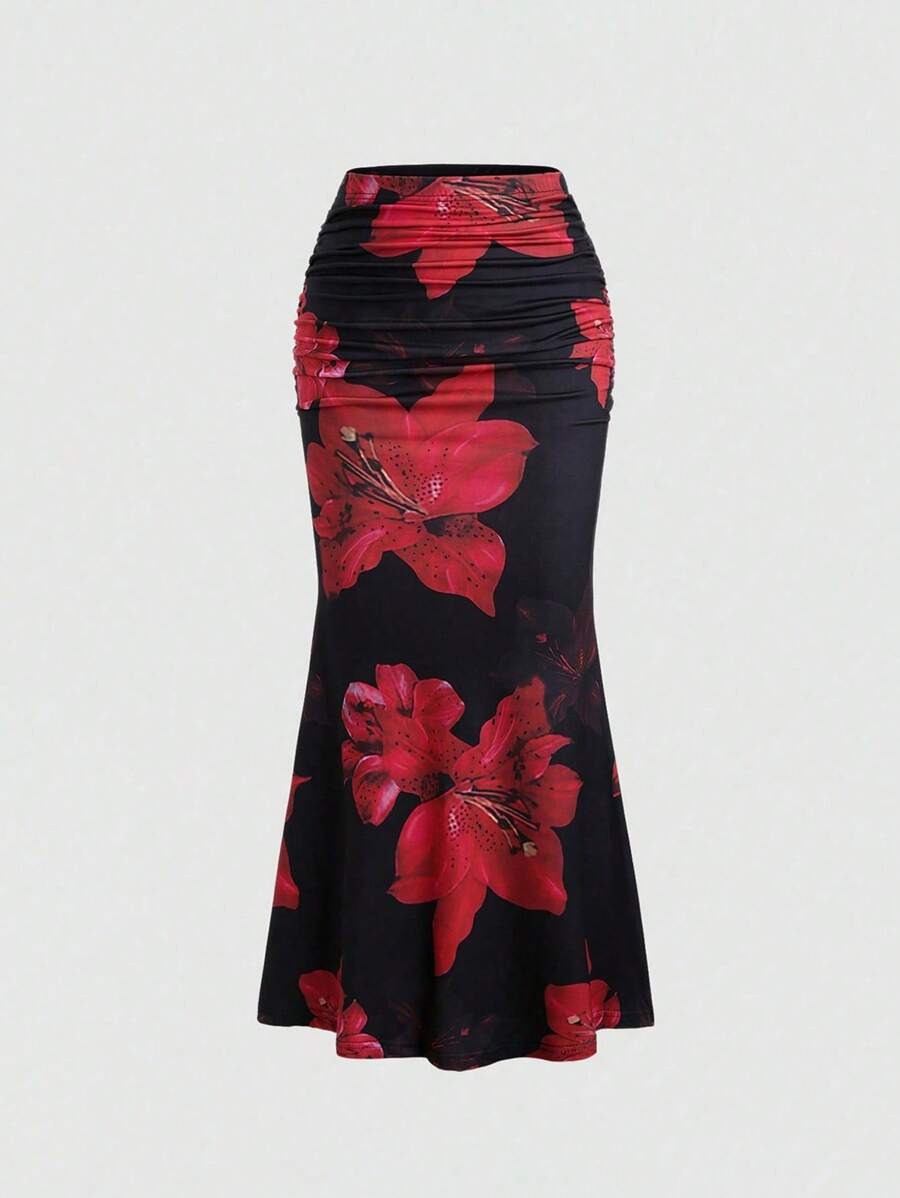 Floral Print Elastic Waist Pleated Mermaid Skirt Maxi