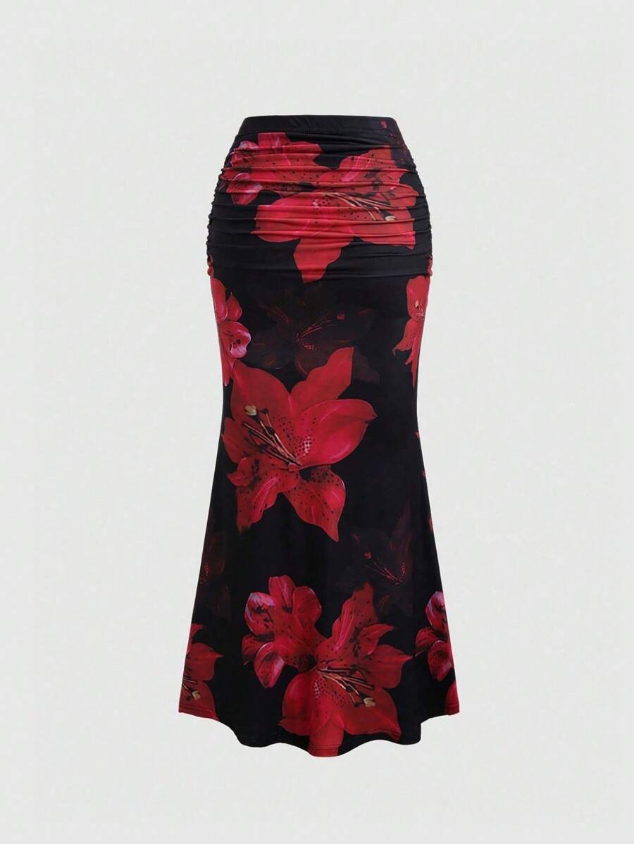 Floral Print Elastic Waist Pleated Mermaid Skirt Maxi