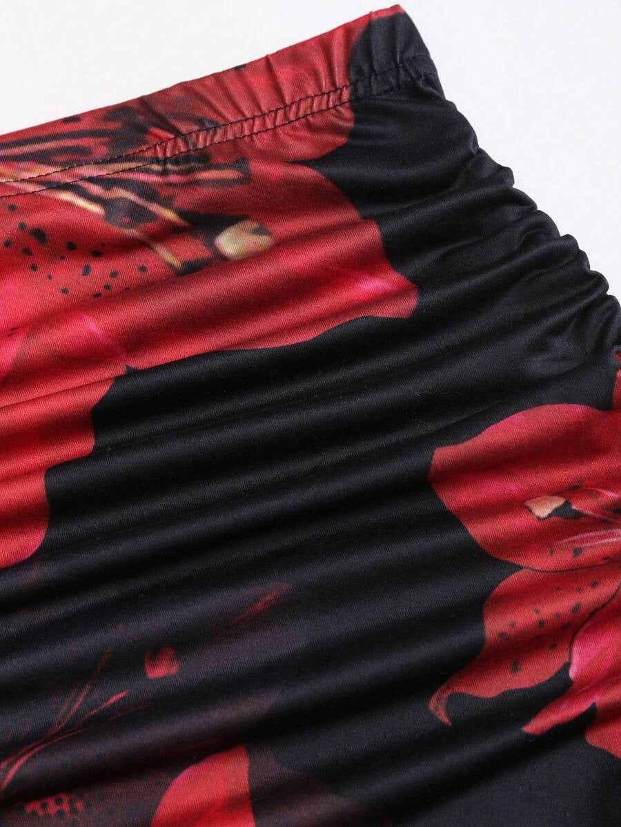 Floral Print Elastic Waist Pleated Mermaid Skirt Maxi