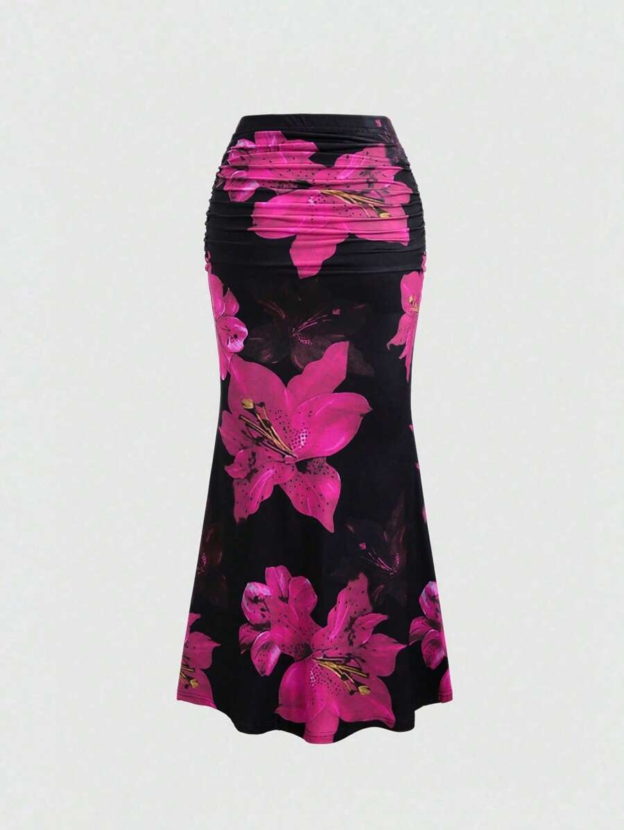 Floral Print Elastic Waist Pleated Mermaid Skirt Maxi