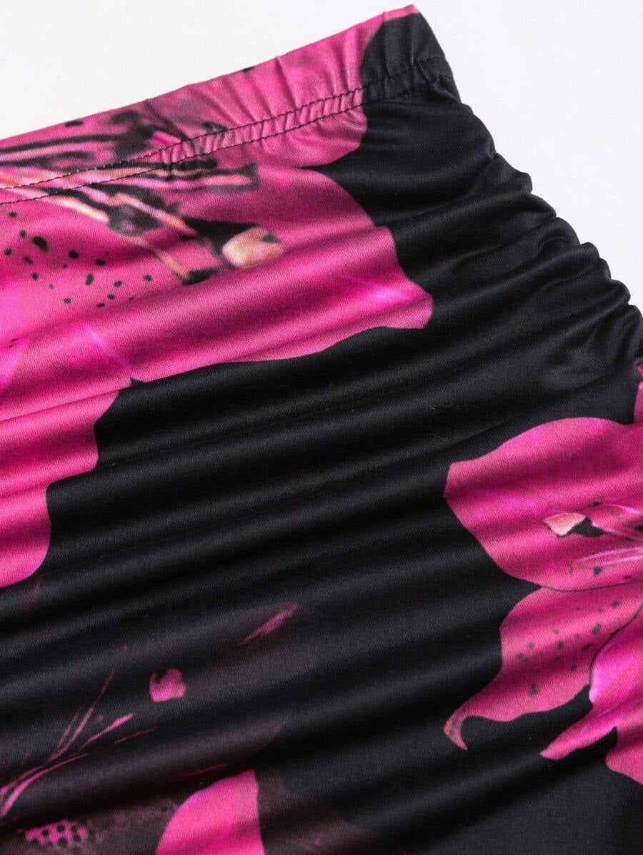 Floral Print Elastic Waist Pleated Mermaid Skirt Maxi