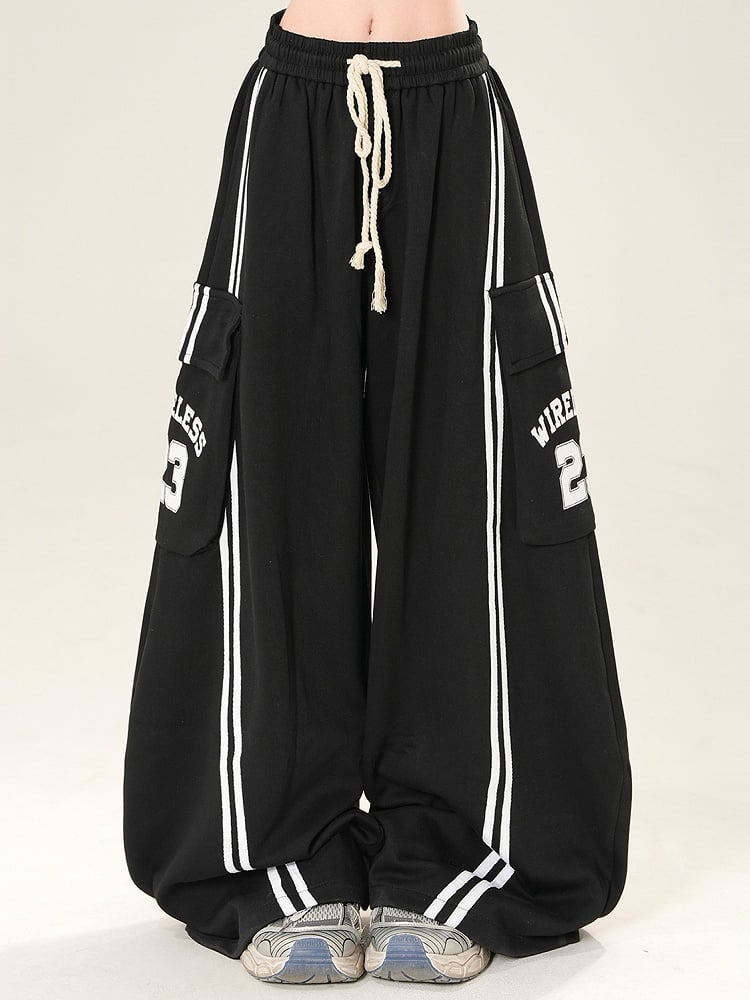 Black Bittersweet Letter And Number Print Cargo Pockets Decorated Wide-leg Cut Pants