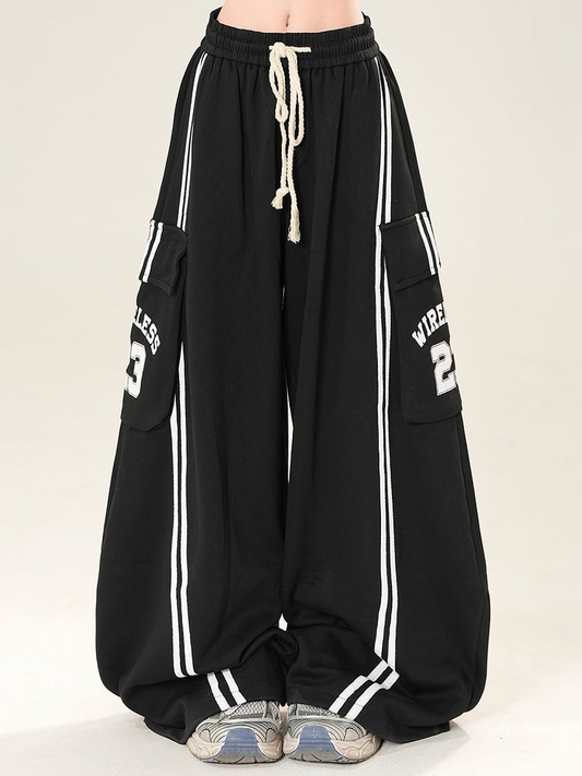 Black Bittersweet Letter And Number Print Cargo Pockets Decorated Wide-leg Cut Pants