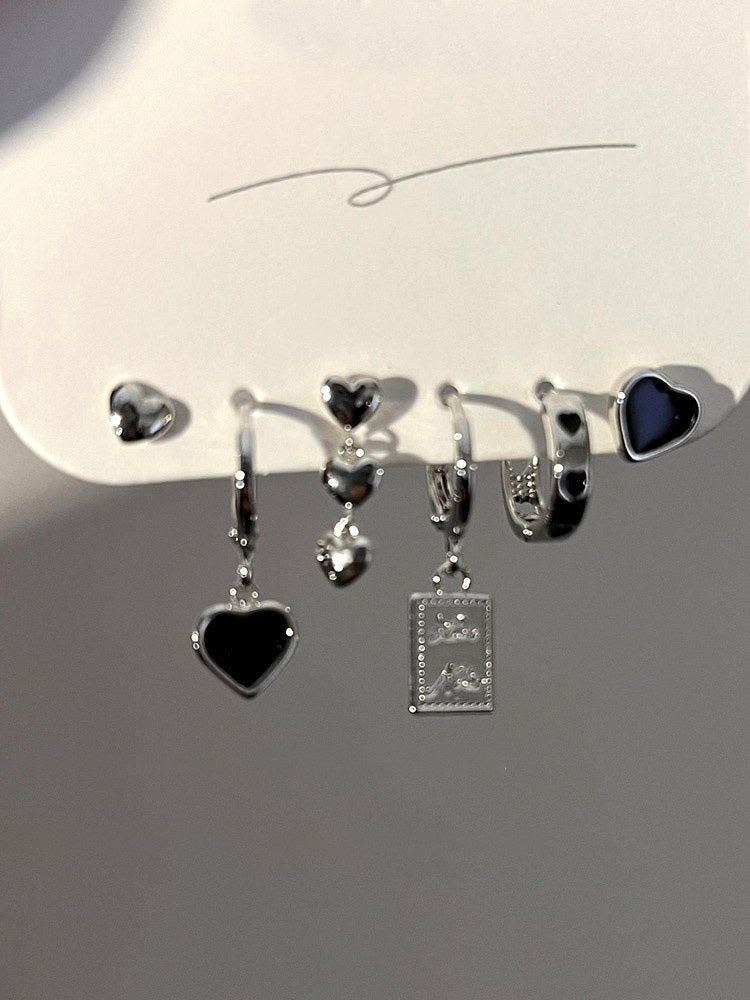 5-Piece Black Heart Huggie Set